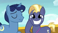 Size: 1280x720 | Tagged: safe, derpibooru import, screencap, night light, star tracker, earth pony, pony, unicorn, once upon a zeppelin, season 7, airship, colt, cute, eyes closed, grin, image, male, png, smiling, stallion, trackerbetes, zeppelin