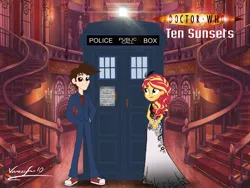 Size: 1280x960 | Tagged: safe, artist:edcom02, artist:tsundra, artist:vanossfan10, derpibooru import, doctor whooves, sunset shimmer, time turner, equestria girls, ballroom, black dress, clothes, converse, david tennant, doctor who, dress, image, jpeg, logo, shoes, tardis, tenth doctor, title card