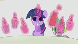 Size: 2048x1152 | Tagged: safe, artist:omelettepony, derpibooru import, spike, twilight sparkle, twilight sparkle (alicorn), alicorn, dragon, pony, what about discord?, crazy straw, cup, duo, female, image, jpeg, looking at you, magic, magic aura, mare, scene interpretation, simple background, smiling, smiling at you, smug, smuglight sparkle, teeth