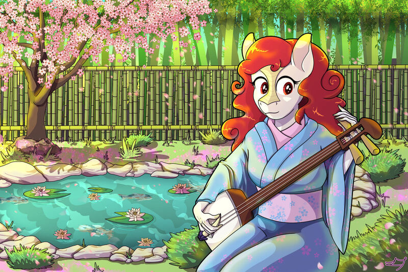 Size: 1280x854 | Tagged: safe, artist:littletigressda, derpibooru import, oc, anthro, kirin, bamboo, cherry blossoms, clothes, flower, flower blossom, image, japan, japanese, jpeg, kimono (clothing), moon runes, solo, tree