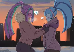 Size: 2480x1754 | Tagged: safe, artist:nire, derpibooru import, aria blaze, sonata dusk, equestria girls, arisona, blushing, building, clothes, female, fingerless gloves, gloves, image, lesbian, png, ponytail, scarf, shipping, sky, snow, sunset, winter outfit
