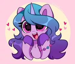 Size: 4648x3976 | Tagged: safe, artist:kittyrosie, derpibooru import, izzy moonbow, pony, unicorn, abstract background, blushing, bracelet, chest fluff, cute, floating heart, g5, hair over one eye, heart, image, izzybetes, jewelry, looking at you, open mouth, png