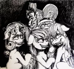 Size: 1159x1080 | Tagged: artist needed, safe, derpibooru import, apple bloom, scootaloo, sweetie belle, pegasus, pony, unicorn, candle, cutie mark crusaders, image, jpeg, junji ito, monochrome, mouth hold, nail