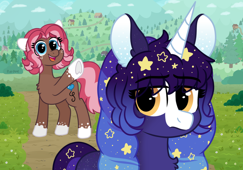 Size: 1500x1048 | Tagged: safe, artist:pink-pone, derpibooru import, oc, oc:ginger bread, oc:nova stella, unofficial characters only, earth pony, pony, unicorn, female, image, mare, png