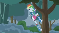 Size: 3410x1920 | Tagged: safe, derpibooru import, screencap, rainbow dash, equestria girls, friendship games, pinkie spy (short), boots, clothes, cutie mark, cutie mark on clothes, female, high res, image, jpeg, shoes, smiling, solo, tree