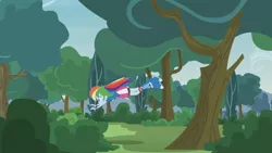 Size: 3410x1920 | Tagged: safe, derpibooru import, screencap, rainbow dash, equestria girls, friendship games, pinkie spy (short), boots, clothes, cutie mark, cutie mark on clothes, female, high res, image, jpeg, shoes, smiling, solo, tree