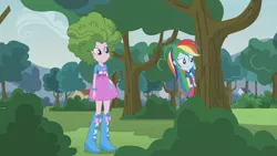 Size: 3410x1920 | Tagged: safe, derpibooru import, screencap, pinkie pie, rainbow dash, equestria girls, friendship games, pinkie spy (short), boots, clothes, cutie mark, cutie mark on clothes, female, high res, image, jpeg, shoes, smiling