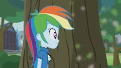 Size: 3410x1920 | Tagged: safe, derpibooru import, screencap, rainbow dash, equestria girls, friendship games, pinkie spy (short), clothes, cutie mark, cutie mark on clothes, female, high res, image, jpeg, solo, tree