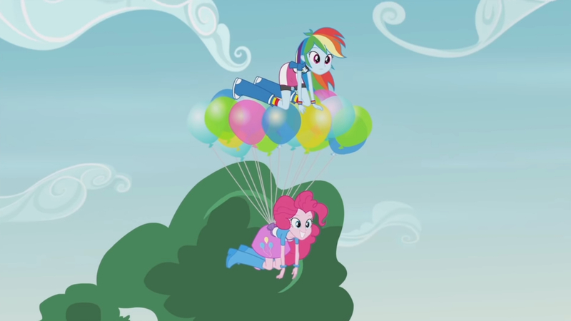 Size: 3410x1920 | Tagged: safe, derpibooru import, screencap, pinkie pie, rainbow dash, equestria girls, friendship games, pinkie spy (short), balloon, boots, clothes, cute, cutie mark, cutie mark on clothes, diapinkes, female, floating, grin, high res, image, jpeg, shoes, smiling, then watch her balloons lift her up to the sky