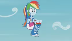 Size: 3410x1920 | Tagged: safe, derpibooru import, screencap, rainbow dash, equestria girls, friendship games, pinkie spy (short), boots, clothes, cutie mark, cutie mark on clothes, female, high res, image, jpeg, shoes, sky, solo