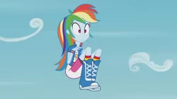 Size: 3410x1920 | Tagged: safe, derpibooru import, screencap, rainbow dash, equestria girls, friendship games, pinkie spy (short), boots, clothes, cutie mark, cutie mark on clothes, female, high res, image, jpeg, shoes, sky, solo