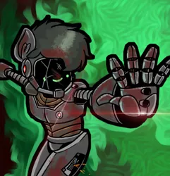 Size: 1242x1289 | Tagged: safe, derpibooru import, oc, oc:ch33se, anthro, robot, blood, blood stains, cracked screen, green mane, gun, image, jpeg, laser, lights, male, screen, smiling, solo, sparks, weapon, wires