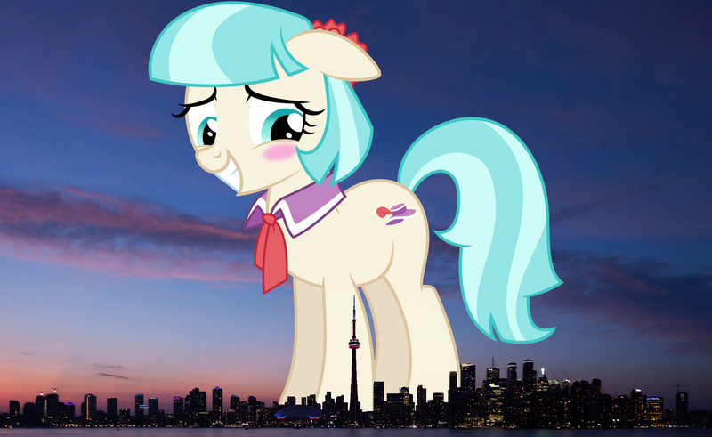Size: 2376x1458 | Tagged: safe, artist:dashiesparkle, derpibooru import, coco pommel, earth pony, pony, blushing, canada, female, floppy ears, giant pony, giant/macro earth pony, giant/mega coco pommel, giantess, highrise ponies, image, irl, macro, mare, mega giant, photo, png, ponies in real life, smiling, toronto, vector