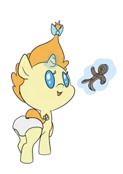 Size: 1000x1414 | Tagged: suggestive, artist:happy harvey, derpibooru import, pumpkin cake, oc, oc:anon, human, pony, unicorn, baby, bow, butt, caught, colored pupils, cookie, diaper, drawn on phone, filly predator, foal, food, food transformation, gingerbread (food), gingerbread man, hair bow, image, imminent vore, implied transformation, levitation, living object, looking back, magic, magic aura, png, raised hoof, raised tail, simple background, tail, tail bow, telekinesis, transparent background