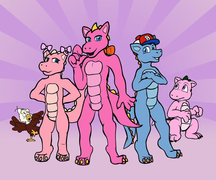 Size: 3840x3200 | Tagged: safe, artist:tarkan809, derpibooru import, danny williams, megan williams, molly williams, spike (g1), dragon, bowtie, digital art, dragonified, female, g1, hat, image, male, png, species swap, updated, updated design, weston