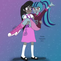 Size: 1000x1000 | Tagged: safe, artist:hatakeclarissa, derpibooru import, octavia melody, sonata dusk, equestria girls, blushing, duo, female, holding, image, jpeg, lesbian, shipping, sontavia