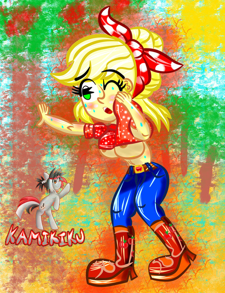 Size: 3000x3900 | Tagged: source needed, questionable, artist:kamikiku, derpibooru import, applejack, equestria girls, equestria girls series, abstract background, breasts, busty applejack, female, image, jpeg, nipples, nudity, signature, solo, solo female, sweat