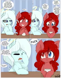 Size: 1953x2500 | Tagged: safe, artist:freefraq, derpibooru import, oc, oc:cherry slime, goo, goo pony, original species, comic, eyes closed, facehoof, grin, halo, heterochromia, image, nervous, nervous grin, png, smiling, sweat, sweatdrops, thought bubble, vulgar