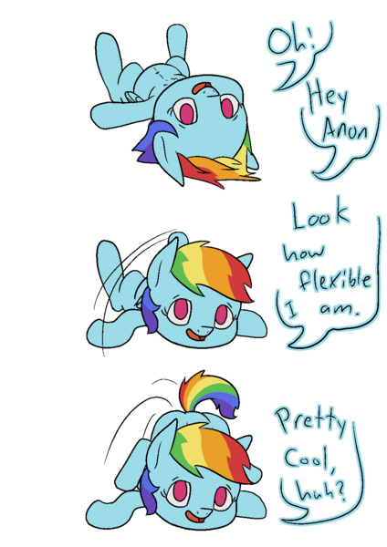 Size: 1000x1414 | Tagged: safe, artist:happy harvey, derpibooru import, rainbow dash, pegasus, pony, ass up, belly button, chest fluff, colored pupils, dialogue, drawn on phone, featureless crotch, female, flexible, image, implied anon, legs in air, legs over head, legs raised, looking at you, lying down, mare, offscreen character, open mouth, png, raised tail, simple background, smiling, smiling at you, solo, stretching, tail, transparent background