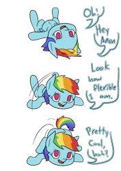Size: 1000x1414 | Tagged: safe, artist:happy harvey, derpibooru import, rainbow dash, pegasus, pony, ass up, belly button, chest fluff, colored pupils, dialogue, drawn on phone, featureless crotch, female, flexible, image, implied anon, legs in air, legs over head, legs raised, looking at you, lying down, mare, offscreen character, open mouth, png, raised tail, simple background, smiling, smiling at you, solo, stretching, tail, transparent background