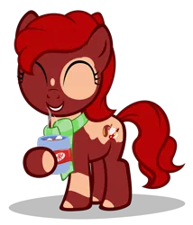 Size: 2520x2940 | Tagged: safe, artist:strategypony, derpibooru import, oc, oc:chocolate belle, unofficial characters only, earth pony, pony, ^^, chocolate, chocolate milk, clothes, content, cute, earth pony oc, eyes closed, female, filly, foal, food, happy, high res, hoof hold, hot chocolate, image, kit kat, marshmallow, milk, mottled coat, mug, png, red mane, scarf, simple background, smiling, solo, spots, transparent background