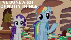 Size: 1280x720 | Tagged: safe, derpibooru import, edit, edited screencap, editor:quoterific, screencap, rainbow dash, rarity, pegasus, pony, unicorn, dragon quest, season 2, book, cute, dashabetes, female, golden oaks library, image, jpeg, library, mare, smiling