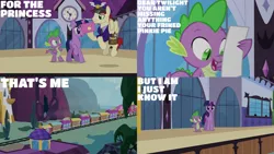 Size: 1280x720 | Tagged: safe, derpibooru import, edit, edited screencap, editor:quoterific, screencap, spike, twilight sparkle, twilight sparkle (alicorn), alicorn, dragon, pegasus, pony, princess twilight sparkle (episode), season 4, female, friendship express, image, jpeg, male, mare, open mouth, stallion, train, train station