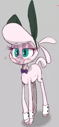 Size: 960x2064 | Tagged: safe, artist:hitsuji, derpibooru import, sheep, them's fightin' herds, blushing, bowtie, bunny ears, community related, cuffs, drunk bubbles, gray background, image, lidded eyes, png, pom (tfh), simple background, solo