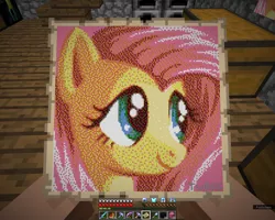 Size: 1280x1024 | Tagged: safe, artist:pix3m, artist:twedis, derpibooru import, fluttershy, 2b2t, bust, female, game screencap, image, minecraft, minecraft pixel art, pixel art, png, portrait, smiling, solo