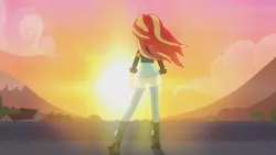 Size: 3410x1920 | Tagged: safe, derpibooru import, screencap, sunset shimmer, equestria girls, my past is not today, rainbow rocks, boots, canterlot high, clothes, female, high heel boots, high res, image, jacket, jpeg, leather, leather jacket, shoes, solo, sun