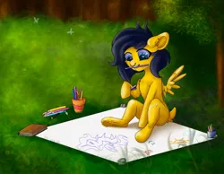 Size: 1920x1493 | Tagged: safe, artist:drops-of-blood, derpibooru import, oc, unofficial characters only, pegasus, pony, colored pencils, drawing, female, forest, heart eyes, image, jpeg, mouth hold, nose piercing, piercing, solo, tree, wingding eyes