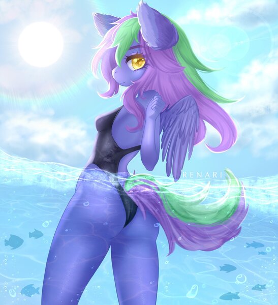 Size: 1868x2048 | Tagged: suggestive, artist:rena-ri, artist:renari, derpibooru import, oc, unofficial characters only, anthro, pegasus, clothes, female, image, jpeg, ocean, one-piece swimsuit, solo, solo female, swimsuit, water