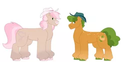 Size: 1280x640 | Tagged: safe, artist:itstechtock, derpibooru import, oc, oc:cashew, oc:prairie angel, unofficial characters only, earth pony, pony, female, hat, image, jpeg, male, mare, offspring, parent:braeburn, parent:pistachio, parent:wrangler, simple background, stallion, white background