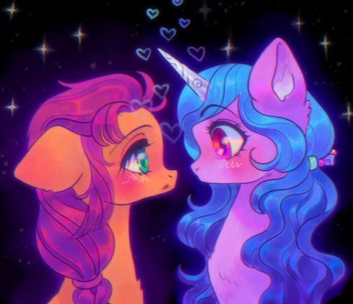 Size: 2048x1762 | Tagged: safe, artist:p0nyplanet, derpibooru import, izzy moonbow, sunny starscout, earth pony, pony, unicorn, black background, blushing, duo, female, g5, heart, image, izzyscout, jpeg, lesbian, looking at each other, mare, night, shipping, simple background, stars