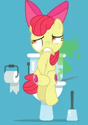 Size: 1220x1737 | Tagged: suggestive, derpibooru import, edit, vector edit, apple bloom, earth pony, pony, apple bloom's bow, bathroom, bow, fart cloud, female, hair bow, image, implied diarrhea, implied farting, implied pooping, onomatopoeia, png, potty time, sitting on toilet, solo, sound effects, straining, toilet, toilet paper, vector