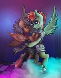Size: 2000x2565 | Tagged: safe, artist:leastways, derpibooru import, oc, oc:ash, oc:jet lag, unofficial characters only, changeling, pegasus, changeling oc, clothes, dancing, dress, fanfic art, female, glasses, horn, image, looking at each other, male, party, pegasus oc, png, smoke, socks, stockings, straight, thigh highs, wings