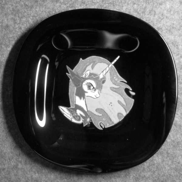 Size: 3186x3186 | Tagged: safe, alternate version, artist:malte279, derpibooru import, part of a set, daybreaker, craft, grayscale, image, jpeg, monochrome, plate, porcelain painting