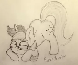 Size: 1599x1324 | Tagged: safe, artist:puperhamster, derpibooru import, oc, unofficial characters only, pony, unicorn, ass up, butt, face down ass up, glasses, horn, image, jacko challenge, jpeg, male, meme, pose, sketch, solo, stallion