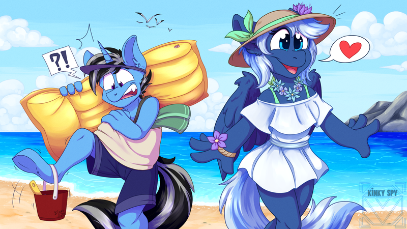 Size: 1920x1080 | Tagged: safe, artist:kinky_spy, derpibooru import, oc, oc:lunacy, oc:silver lining, unofficial characters only, pegasus, unicorn, beach, bucket, clothes, commission, dress, female, flower, hat, image, male, png, summer, swimming trunks, ych result