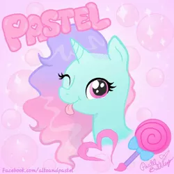 Size: 1080x1080 | Tagged: safe, artist:pastel bubblegum, derpibooru import, oc, pony, unicorn, female, image, jpeg, looking at you, mare, one eye closed, signature, solo, tongue out