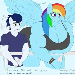 Size: 3000x3000 | Tagged: suggestive, artist:astrum, derpibooru import, rainbow dash, soarin', anthro, pegasus, amazon, bedroom eyes, biceps, big breasts, blushing, breasts, busty rainbow dash, cleavage, clothes, deltoids, dialogue, digital art, female, flirting, height difference, image, larger female, leaning, looking sideways, male, muscles, muscular female, muscular male, onomatopoeia, pants, pecs, png, pomf, rainbuff dash, shipping, shirt, shorts, simple background, size difference, smaller male, smiling, soarindash, sports bra, sports shorts, spread wings, straight, sweat, talking, talking to herself, thighs, thunder thighs, tsunderainbow, tsundere, water bottle, wingboner, wings, workout outfit, wristband