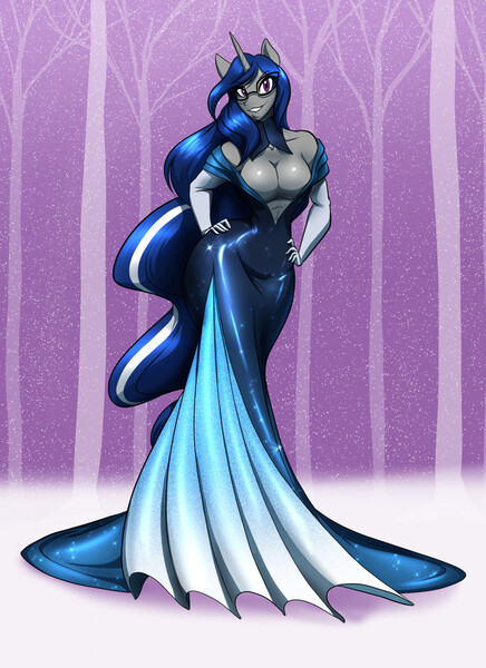Size: 931x1280 | Tagged: suggestive, artist:toughset, derpibooru import, oc, oc:moonlight charmer, unofficial characters only, anthro, unicorn, absolute cleavage, breasts, busty oc, cleavage, clothes, dress, evening gloves, female, glasses, gloves, hand on hip, image, jpeg, long gloves, smiling, solo, solo female