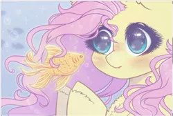 Size: 875x589 | Tagged: safe, artist:saltyvity, derpibooru import, fluttershy, fish, goldfish, pony, blushing, bubble, bust, chest fluff, female, flowing mane, image, jpeg, looking at something, mare, solo, stray strand, three quarter view, underwater, unshorn fetlocks, water