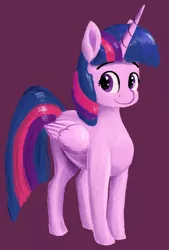 Size: 1206x1780 | Tagged: safe, artist:dummyhorse, derpibooru import, twilight sparkle, twilight sparkle (alicorn), alicorn, pony, atg 2021, female, folded wings, image, looking at you, mare, newbie artist training grounds, png, simple background, smiling, solo, standing, three quarter view, wings