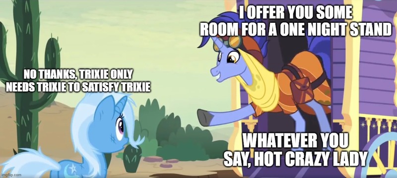 Size: 1110x500 | Tagged: suggestive, derpibooru import, edit, edited screencap, screencap, hoo'far, trixie, road to friendship, cactus, caption, image, implied selfcest, implied sex, jpeg, text, trixie's wagon