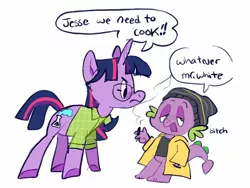 Size: 2048x1538 | Tagged: safe, artist:alexbeeza, derpibooru import, spike, twilight sparkle, dragon, unicorn, beanie, breaking bad, clothes, dialogue, drugs, glasses, hat, image, jacket, jesse pinkman, jpeg, marijuana, parody, shirt, walter white