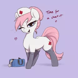 Size: 3000x3000 | Tagged: suggestive, artist:t72b, derpibooru import, nurse redheart, earth pony, pony, adorasexy, bedroom eyes, clothes, condom, cute, female, hat, heart, heartabetes, image, looking at you, mare, one eye closed, png, sexy, simple background, socks, solo, solo female, stockings, talking to viewer, thigh highs, wink