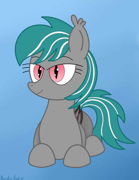 Size: 2902x3762 | Tagged: safe, artist:rainbowšpekgs, derpibooru import, oc, oc:malachite cluster, unofficial characters only, bat pony, pony, bat pony oc, bat wings, ear tufts, eyelashes, femboy, gradient background, image, looking at you, lying down, male, png, prone, red eyes, slit eyes, smiling, solo, stallion, trap, wings