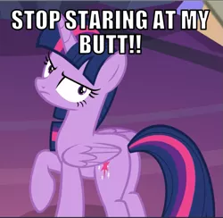 Size: 615x600 | Tagged: suggestive, derpibooru import, edit, edited screencap, editor:twi clown, screencap, twilight sparkle, twilight sparkle (alicorn), alicorn, pony, the beginning of the end, angry, butt, caption, cropped, female, folded wings, image, image macro, looking at you, looking back, looking back at you, mare, plot, png, raised hoof, shrunken pupils, solo, text, twilight is not amused, unamused, wings