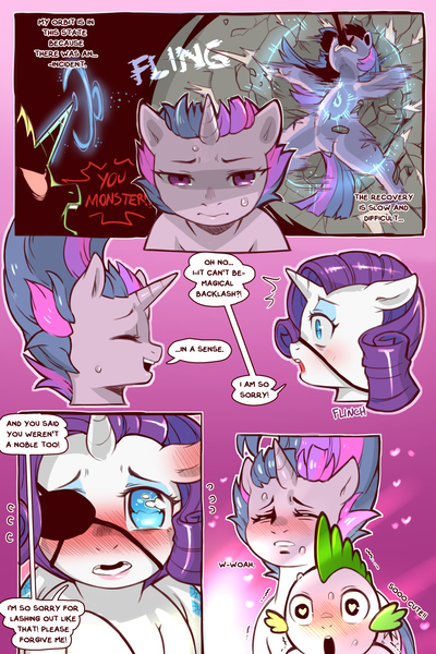 Size: 960x1440 | Tagged: safe, artist:cold-blooded-twilight, derpibooru import, rarity, spike, twilight sparkle, dragon, unicorn, cold blooded twilight, comic:cold storm, alternate design, attack, blood, blushing, blushing profusely, comic, crater, dialogue, dock, ear blush, eyepatch, eyes closed, floppy ears, frown, glow, glowing horn, heart, heart eyes, horn, image, magic, meme, open mouth, png, raised leg, sad, speech bubble, sweat, wingding eyes, yaranaika